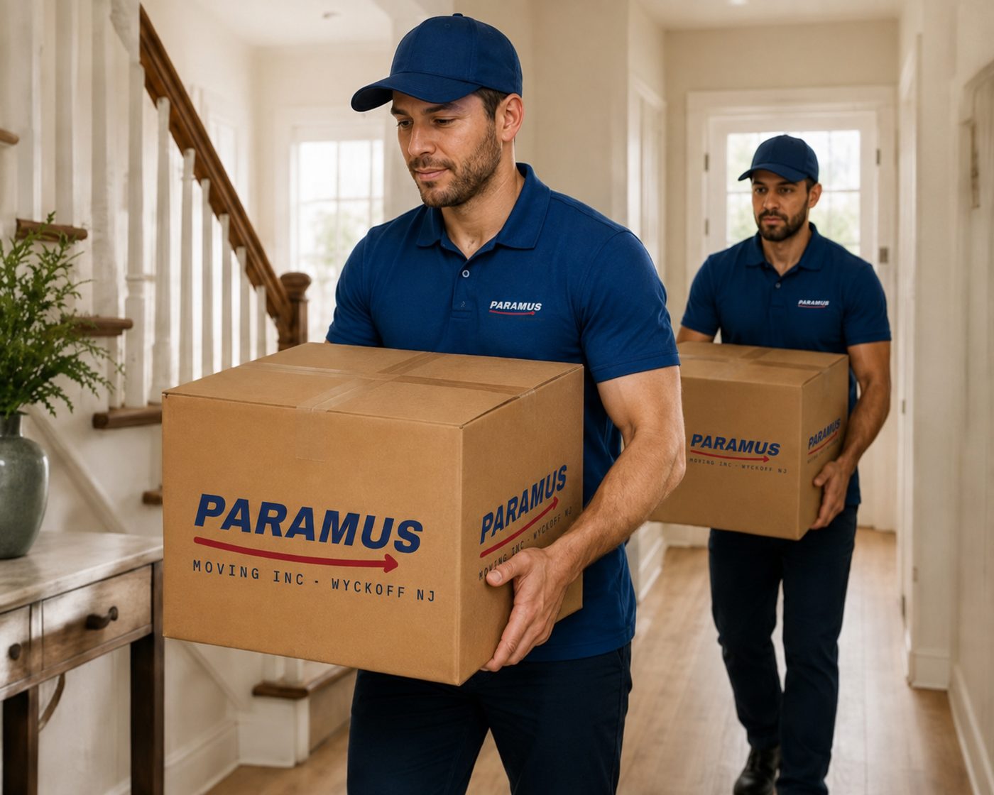 Movers carrying branded moving boxes through a hallway